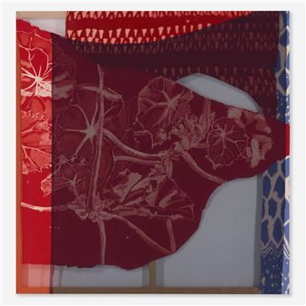 A layered textile artwork featuring bold reds, blues, and organic botanical forms.