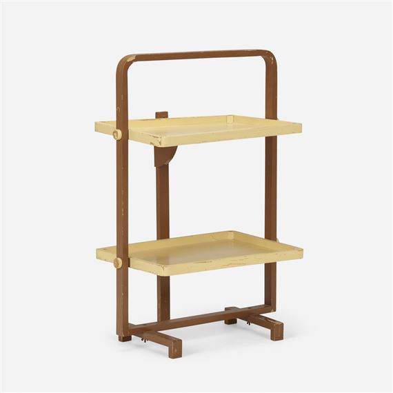 A minimalist two-tiered cart with a wooden frame and light-colored shelves.