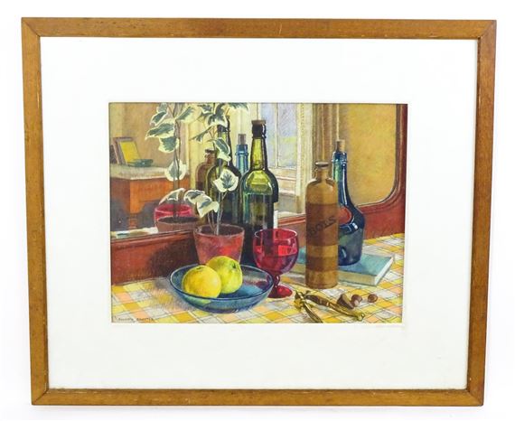 A still life study with a plant, bottles - Kenneth Proctor