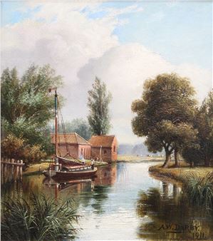 A serene river scene with a boat and rustic buildings under a cloudy sky.
