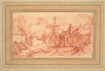 18th century French old master red chalk drawing of a village landscape. Old label on reverse with F. Boucher attribution. Sight: 7.5 x 13.625in. Overall: 15.5 x 21in. Framed under glass - F. Boucher