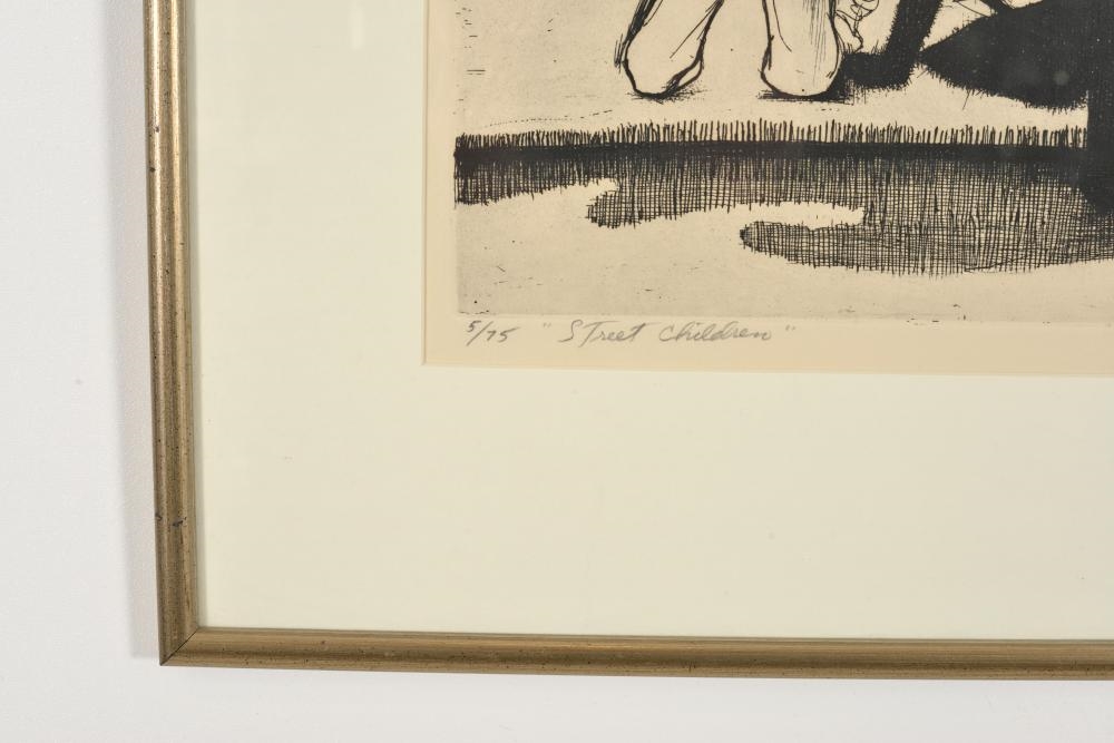 Artwork by John Woodrow Wilson, John Wilson. African American. "Street Children". 1973. Edition 5/75. Etching under glass. Good condition. Sight: 10.5 x 18in. Overall: 18.5 x 24.5in, Made of Etching