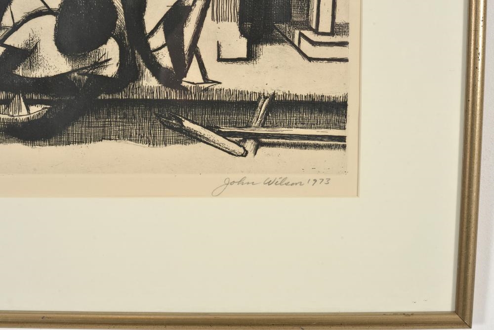 Artwork by John Woodrow Wilson, John Wilson. African American. "Street Children". 1973. Edition 5/75. Etching under glass. Good condition. Sight: 10.5 x 18in. Overall: 18.5 x 24.5in, Made of Etching