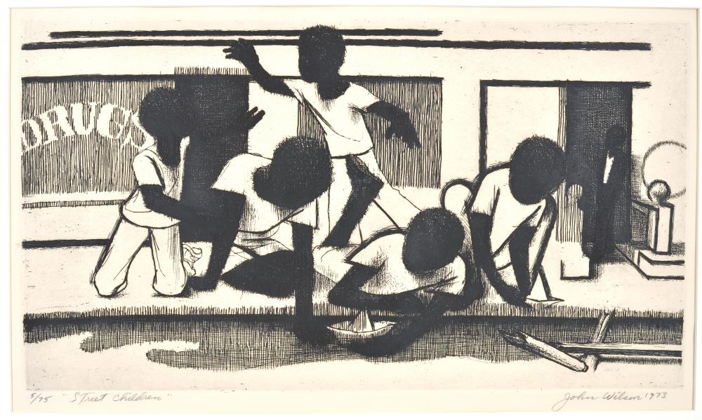 Artwork by John Woodrow Wilson, John Wilson. African American. "Street Children". 1973. Edition 5/75. Etching under glass. Good condition. Sight: 10.5 x 18in. Overall: 18.5 x 24.5in, Made of Etching