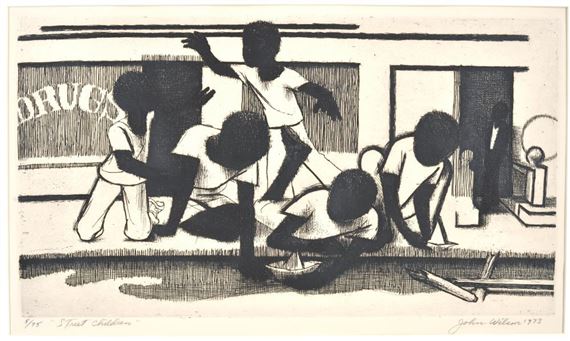 John Wilson. African American. "Street Children". 1973. Edition 5/75. Etching under glass. Good condition. Sight: 10.5 x 18in. Overall: 18.5 x 24.5in by John Woodrow Wilson, 1973