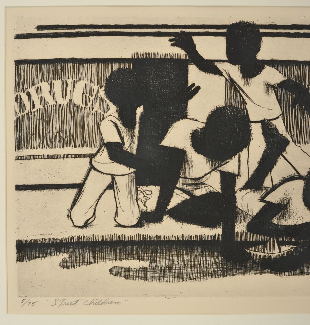 Artwork by John Woodrow Wilson, John Wilson. African American. "Street Children". 1973. Edition 5/75. Etching under glass. Good condition. Sight: 10.5 x 18in. Overall: 18.5 x 24.5in, Made of Etching