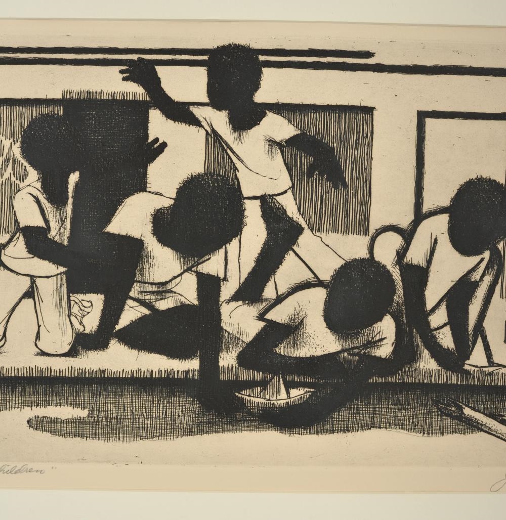 Artwork by John Woodrow Wilson, John Wilson. African American. "Street Children". 1973. Edition 5/75. Etching under glass. Good condition. Sight: 10.5 x 18in. Overall: 18.5 x 24.5in, Made of Etching