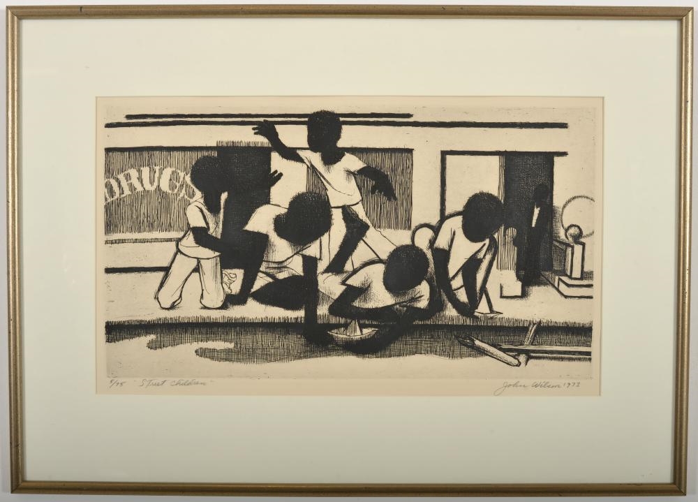 Artwork by John Woodrow Wilson, John Wilson. African American. "Street Children". 1973. Edition 5/75. Etching under glass. Good condition. Sight: 10.5 x 18in. Overall: 18.5 x 24.5in, Made of Etching