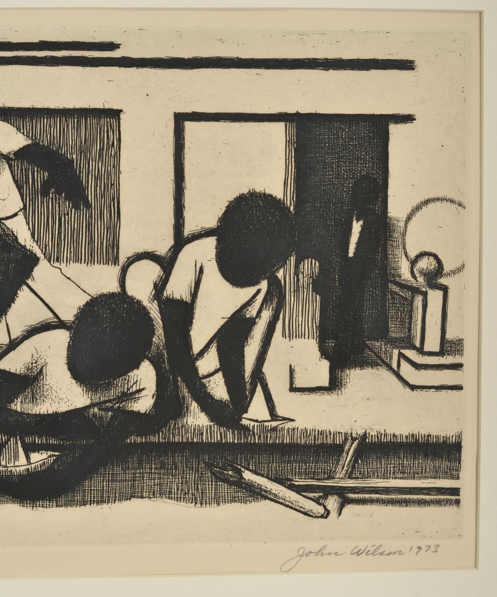 Artwork by John Woodrow Wilson, John Wilson. African American. "Street Children". 1973. Edition 5/75. Etching under glass. Good condition. Sight: 10.5 x 18in. Overall: 18.5 x 24.5in, Made of Etching