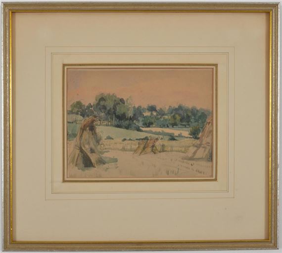 John Constable school. Watercolor landscape. "Cornfield in Suffolk". Framed under glass. Sight: 5.75 x 7.75in. Overall: 13.25 x 14.75in. Titled on reverse by John Constable