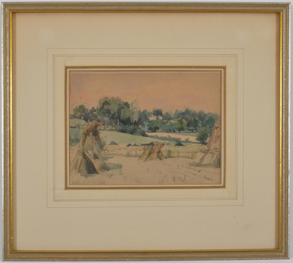 John Constable school. Watercolor landscape. "Cornfield in Suffolk". Framed under glass. Sight: 5.75 x 7.75in. Overall: 13.25 x 14.75in. Titled on reverse - John Constable
