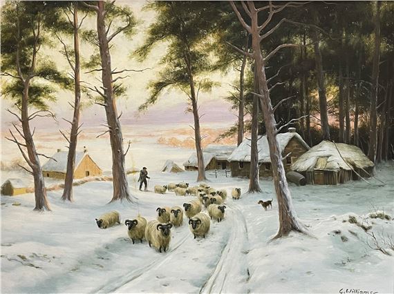 G. Williams | G Williams - oil on board of a shepherd droving his flock ...