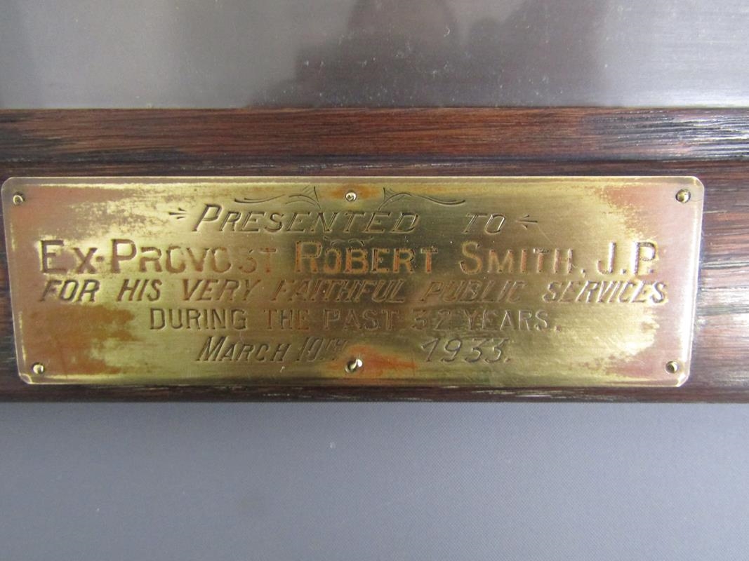 Artwork by Robert Smith, Lafayette photograph with plaque 'Presented to Ex-Provost Robert Smith J.P for his faithful services, Made of photograph with plaque