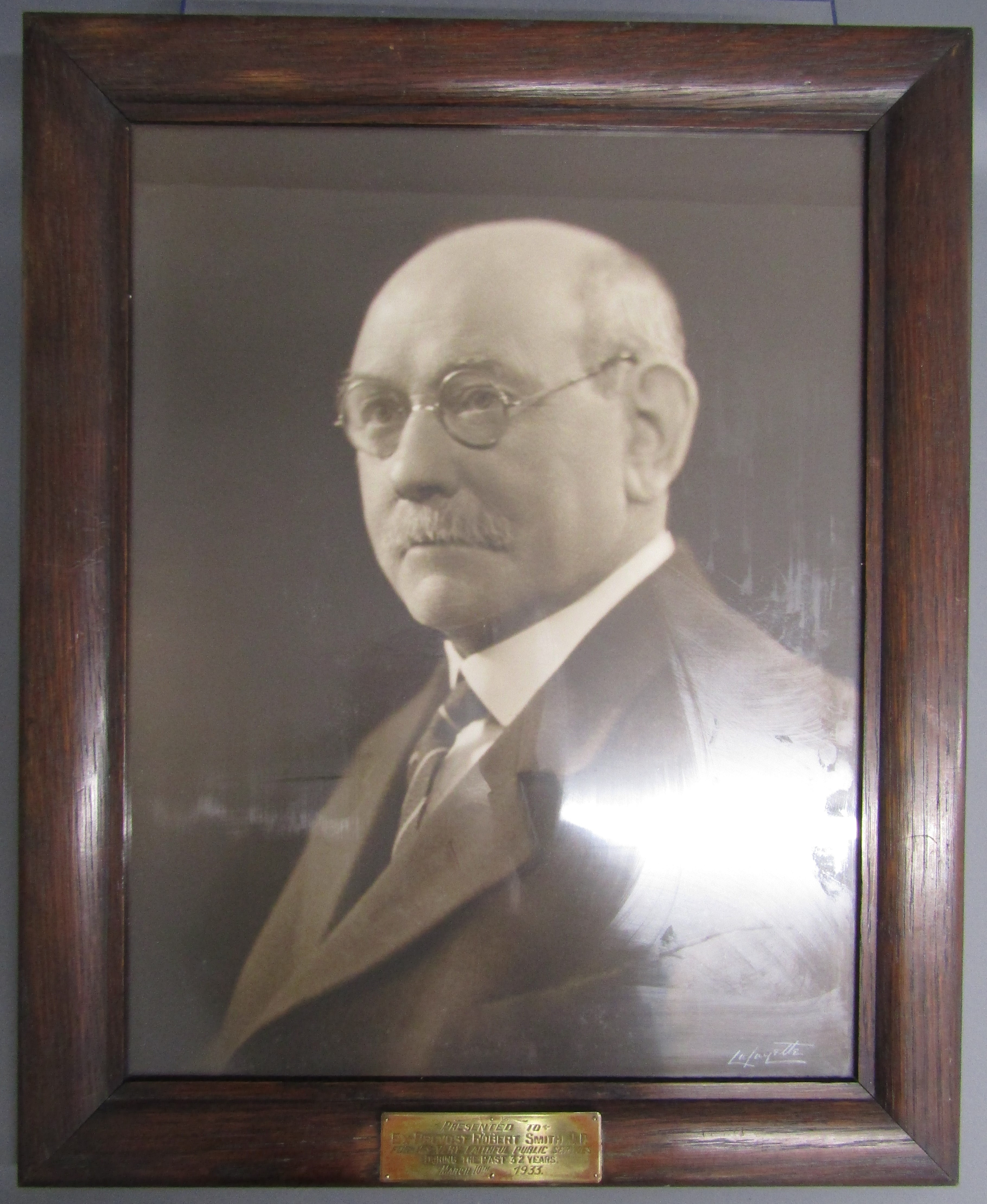 Artwork by Robert Smith, Lafayette photograph with plaque 'Presented to Ex-Provost Robert Smith J.P for his faithful services, Made of photograph with plaque
