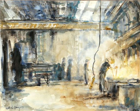 Valerie Ganz 1936-2015), Steelworkers, watercolour, signed and dated '78 lower left, 38 x 49cm. Framed and glazed by Valerie Ganz, 1978
