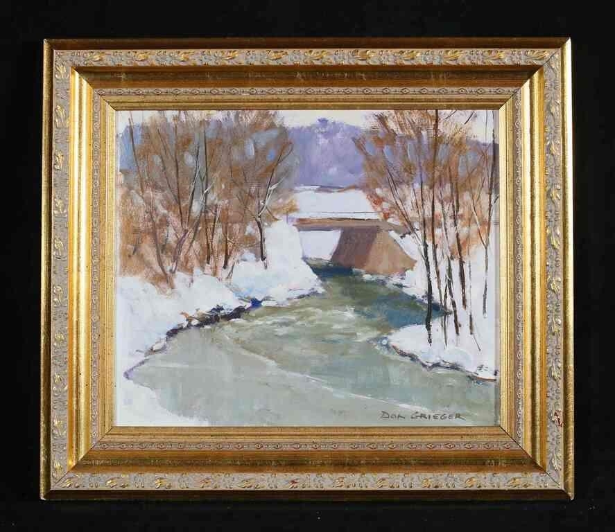 Artwork by Don Grieger, Don Grieger Oil on Board Oatka in Winter, Made of Oil on board