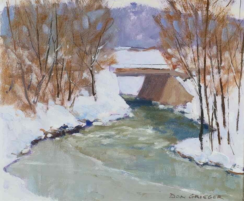 Artwork by Don Grieger, Don Grieger Oil on Board Oatka in Winter, Made of Oil on board