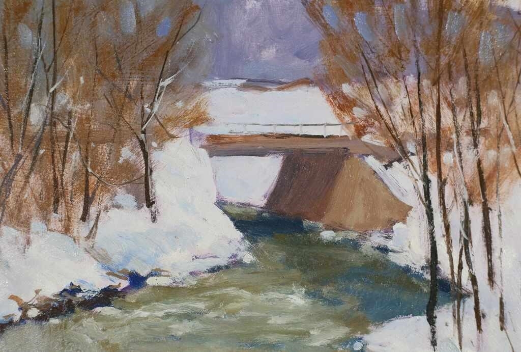 Artwork by Don Grieger, Don Grieger Oil on Board Oatka in Winter, Made of Oil on board