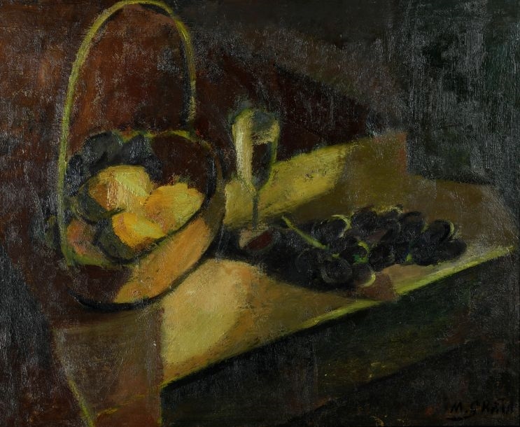 Artwork by Marcelle Grata, Fruits et flute de champagne Huile sur toile, Made of oil on canvas