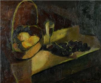 Fruits et flute de champagne Huile sur toile - Marcelle Grata