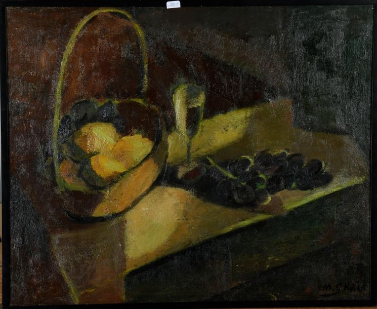 Artwork by Marcelle Grata, Fruits et flute de champagne Huile sur toile, Made of oil on canvas