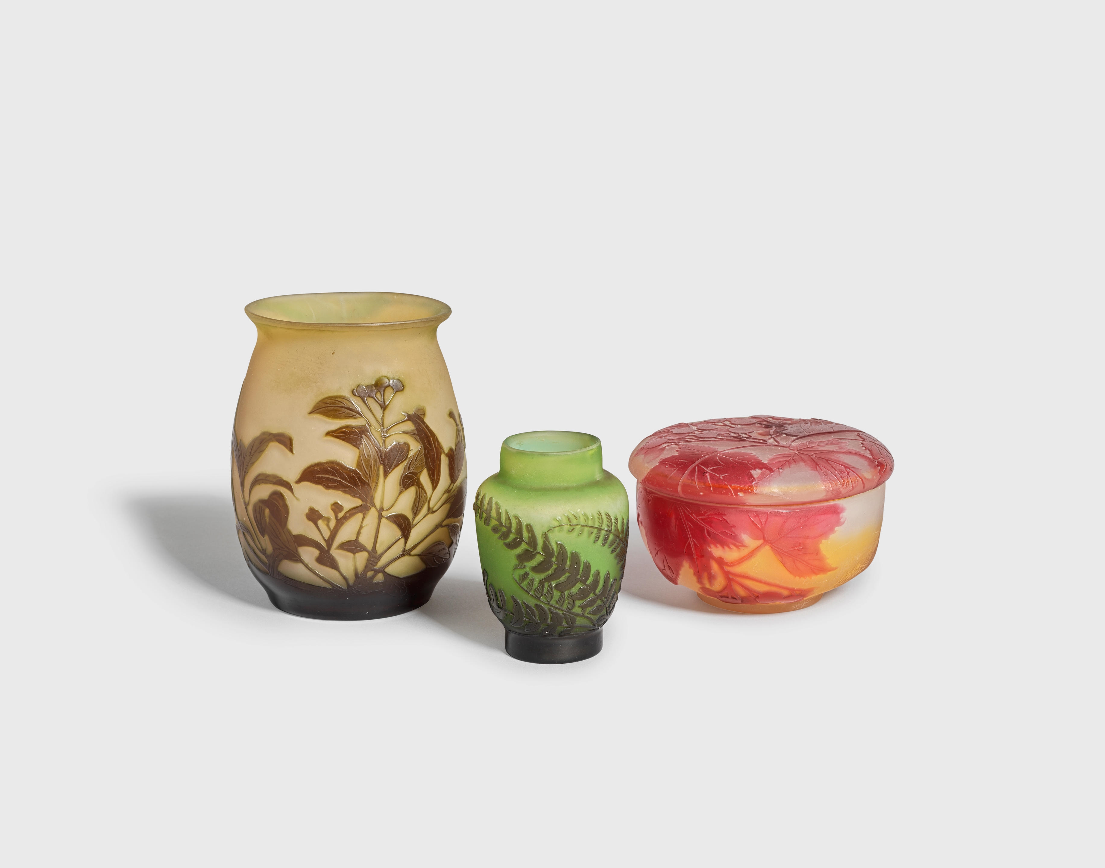 Oval vase, fern vase, and lidded box - Emile Gallé