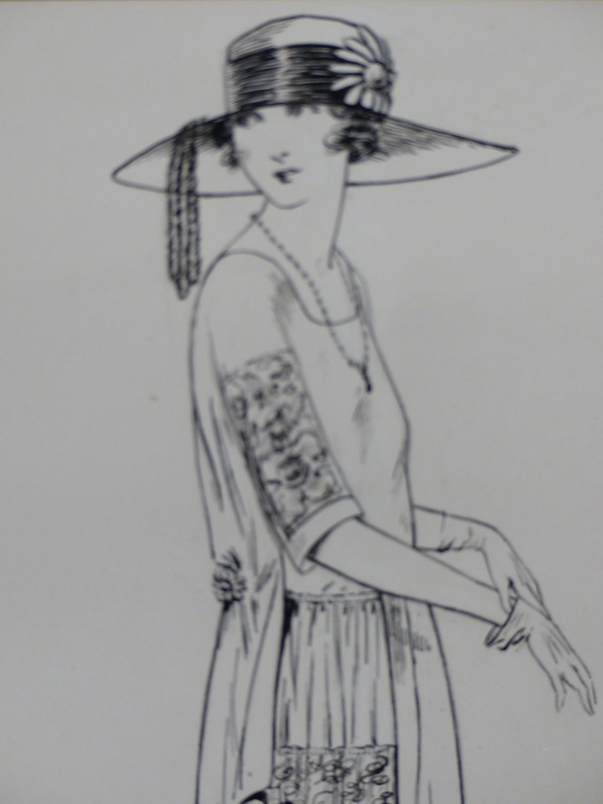 Artwork by Ellen Dyer, A 1920S LADY WALKING AS SHE PUTS ON HER GLOVES, Made of PEN AND INK