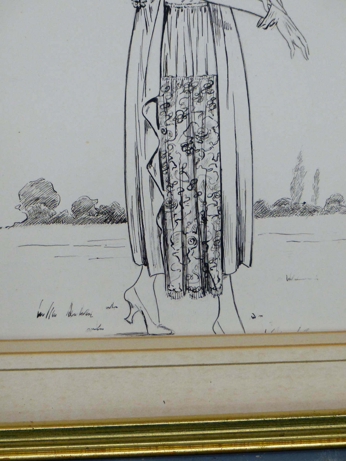 Artwork by Ellen Dyer, A 1920S LADY WALKING AS SHE PUTS ON HER GLOVES, Made of PEN AND INK