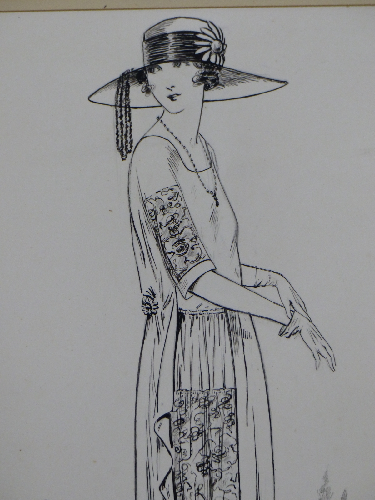 Artwork by Ellen Dyer, A 1920S LADY WALKING AS SHE PUTS ON HER GLOVES, Made of PEN AND INK