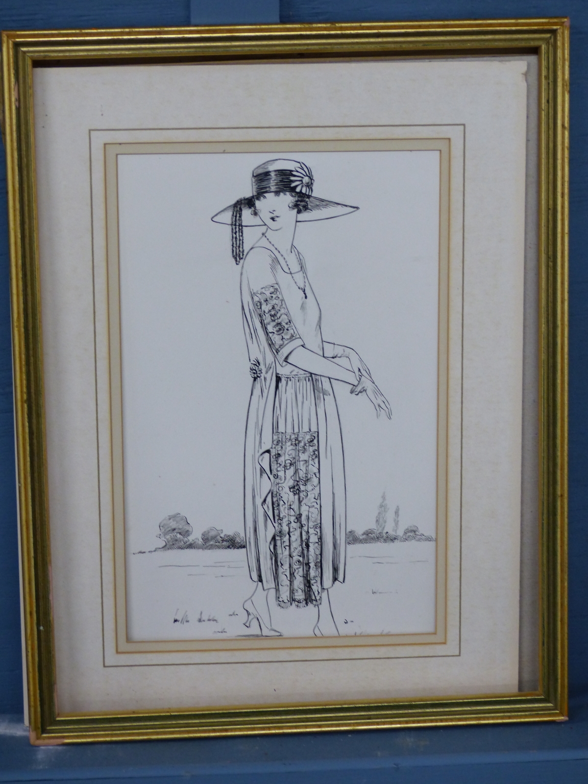 Artwork by Ellen Dyer, A 1920S LADY WALKING AS SHE PUTS ON HER GLOVES, Made of PEN AND INK