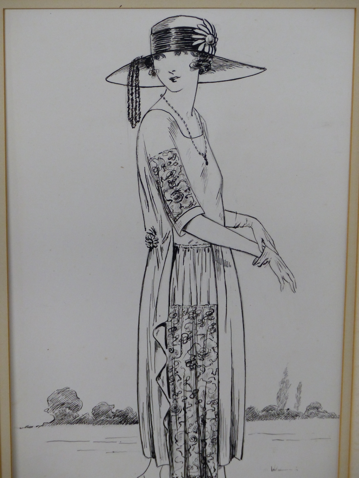 Artwork by Ellen Dyer, A 1920S LADY WALKING AS SHE PUTS ON HER GLOVES, Made of PEN AND INK