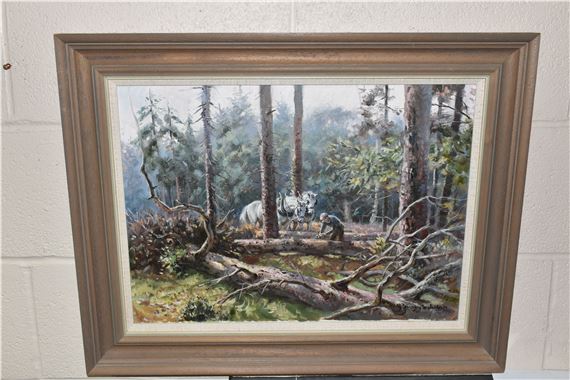 A WOODLAND LANDSCAPE WITH HEAVY HORSES by Rosemary Sarah Welch