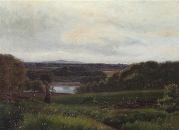 View over a hilly landscape, summer by Harald Frederik Foss, 1869