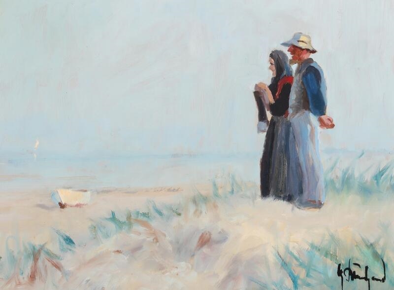 A woman from Skagen, knitting, and her husband on the beach - Michael Peter Ancher