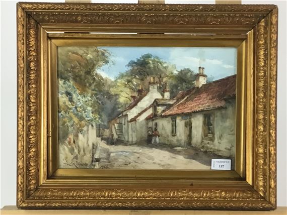 VILLAGE SCENE WITH FIGURES BY A COTTAGE by James Scott Kinnear, dated 1904