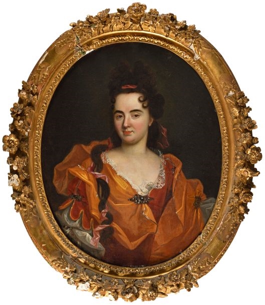 Portrait of a lady in an orange silk overcoat, known as Geneviève François de Harlay, wife of Henri de Damas. - Hyacinthe Rigaud