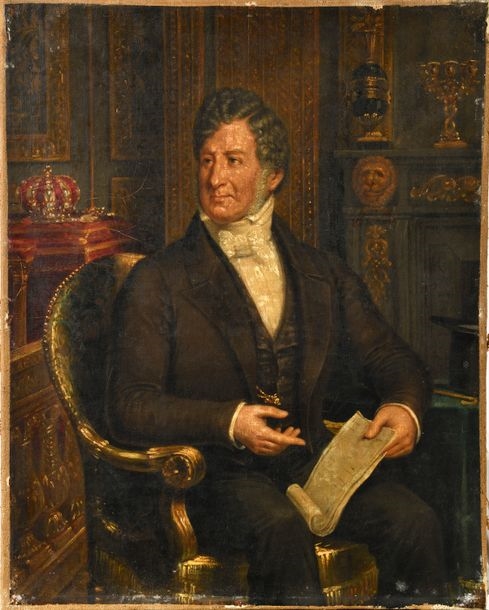 Portrait of the French king Louis-Philippe I seated, holding a document in his hand, probably the Chartes de 1830. Behind him are the crown and the royal scepter. - French School, 19th Century