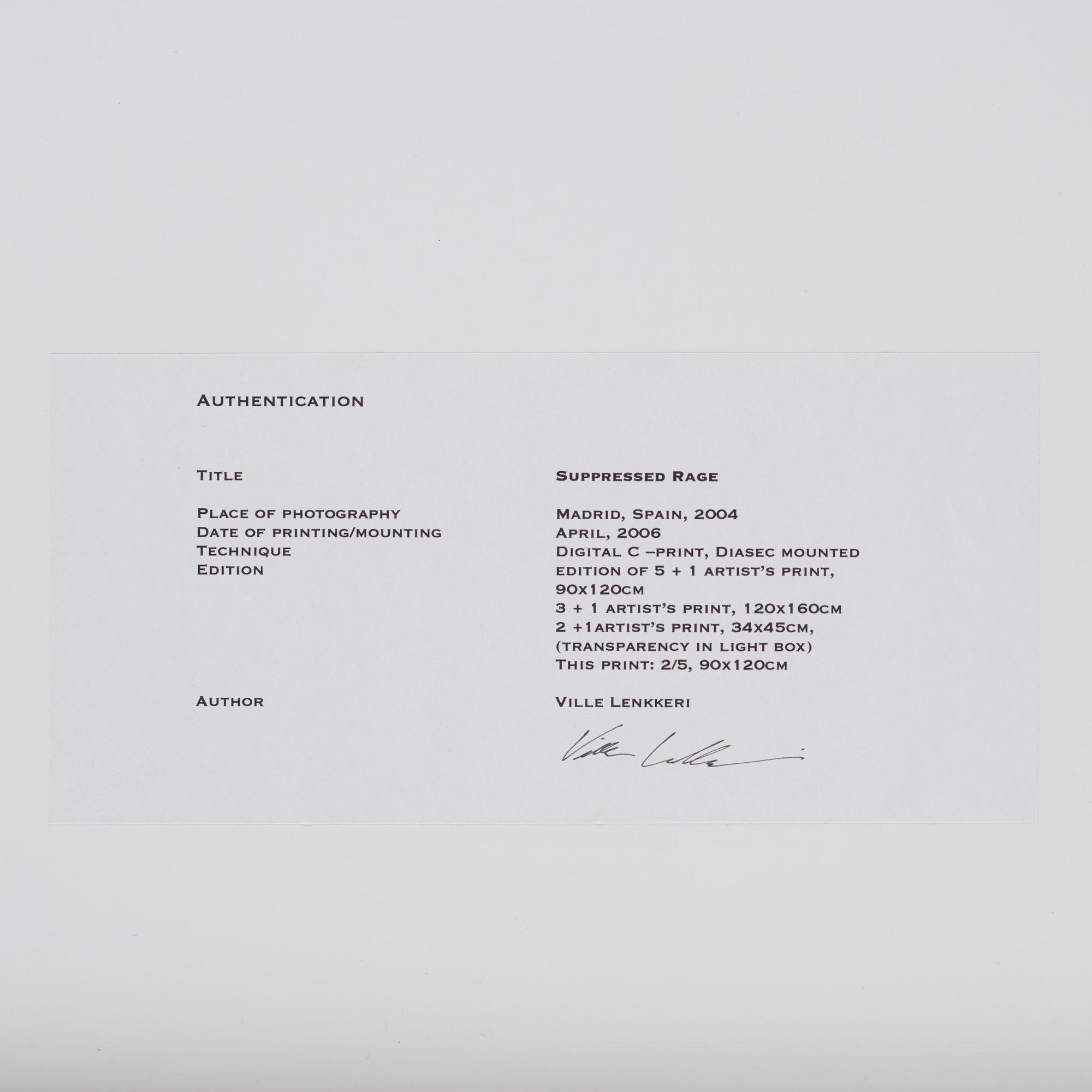 Artwork by Ville Lenkkeri, 'Supressed Rage', Made of C-print diasec mounted on aluminum