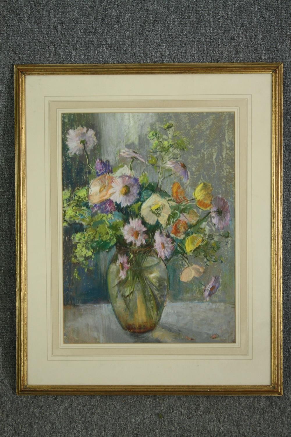 Artwork by Kay Hinwood, A framed and glazed still life study, label to the reverse; Pyrethrums and Poppies, Kay Hinwood. H