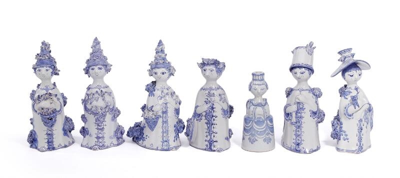 Six earthenware womens' figures and a small candlestick in the shape of an angel - Bjorn Wiinblad