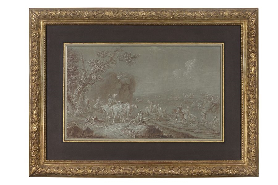 Artwork by Pierre Duverger, P. DUVERGER (18th century) Hunting scene Brown ink, Made of Brown ink, white