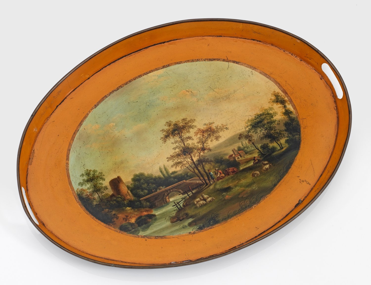 A large probably Brunswick lacquer tin tray with shepherds by a river - German School, 19th Century
