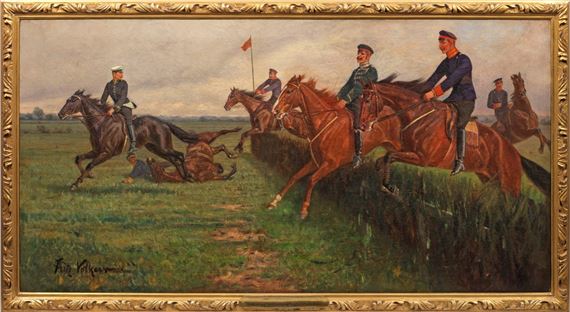 Szenische Darstellung mit einer Gruppe von Reitern in Uniform beim Sprung über ein Hindernis by Fritz Volkers, dated 1949