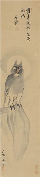Horned owl (image and calligraphy - Nagasawa Rosetsu