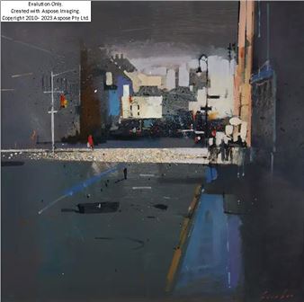 British 20th century -  Street scene;  oil on panel - Alan Ferebee