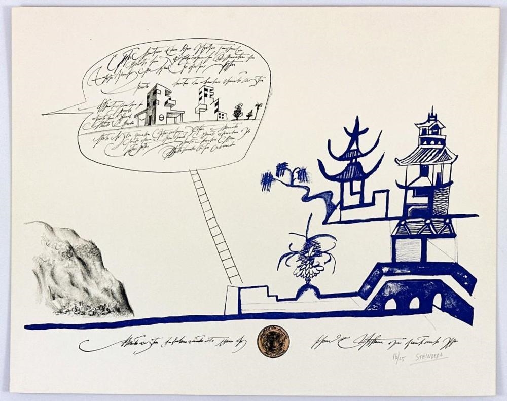 Saul Steinberg (1914-1999) Pencil Signed Lithograph on Paper Ed 16/25 Blue Pagoda 1966 - Saul Steinberg