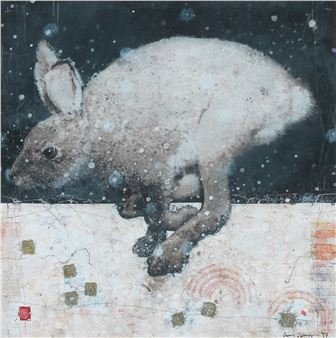 A surreal composition featuring a rabbit-like figure emerging from a dark void into a textured, abstract landscape.