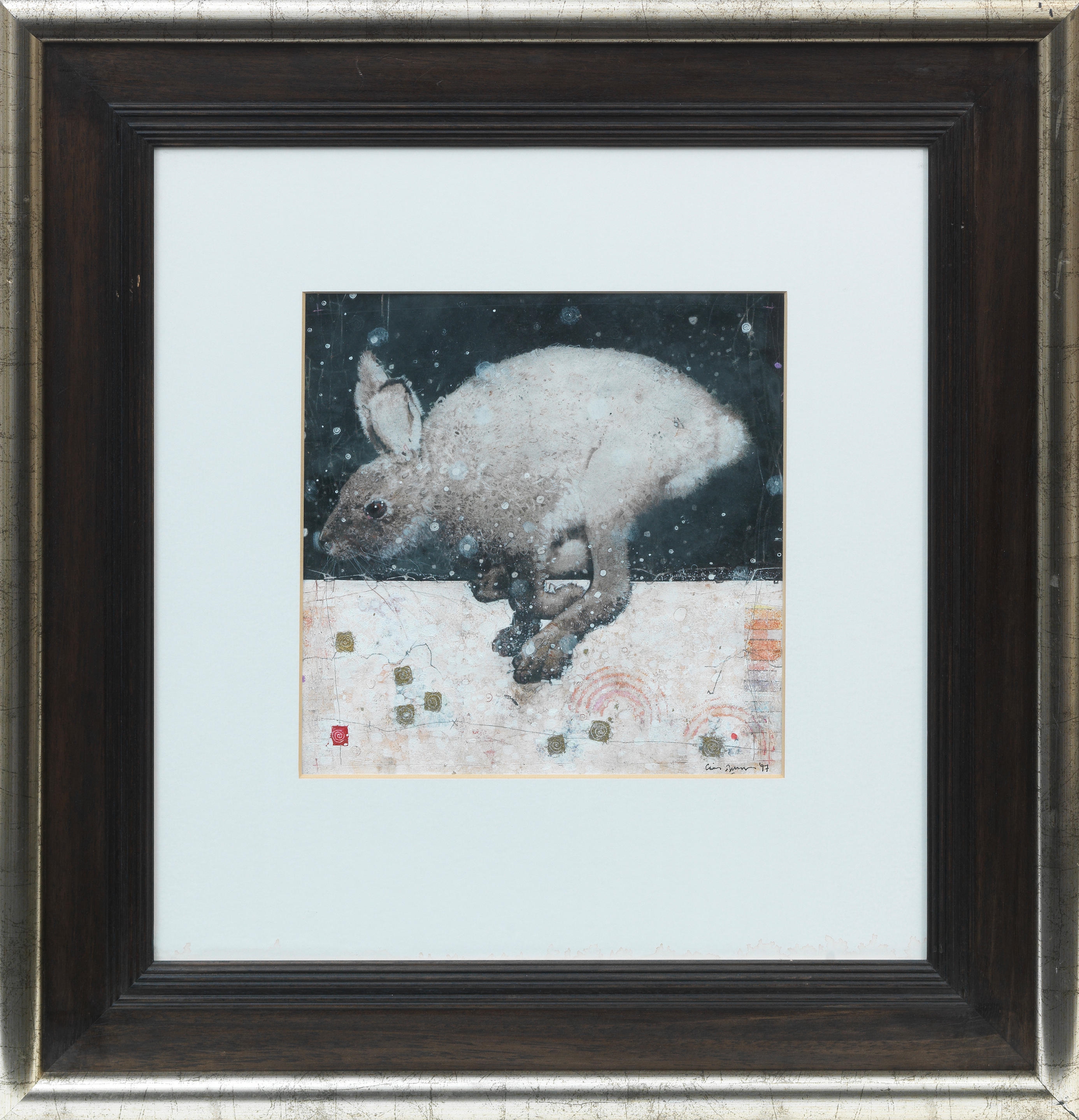 A surreal composition featuring a rabbit-like figure emerging from a dark void into a textured, abstract landscape.