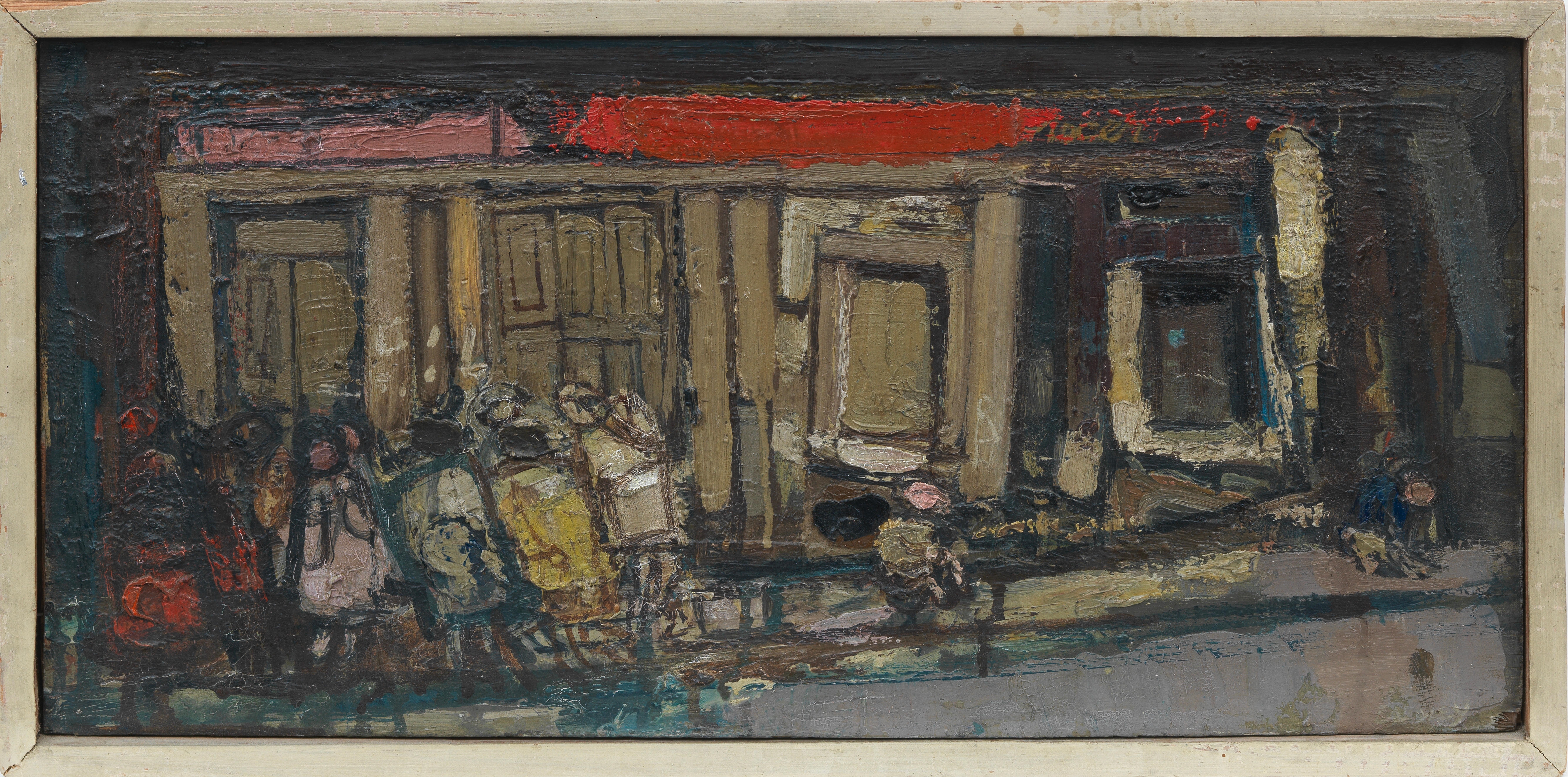 Artwork by Joan Kathleen Hardy Eardley, Children Playing and Boarded-up Shop, Made of oil on board