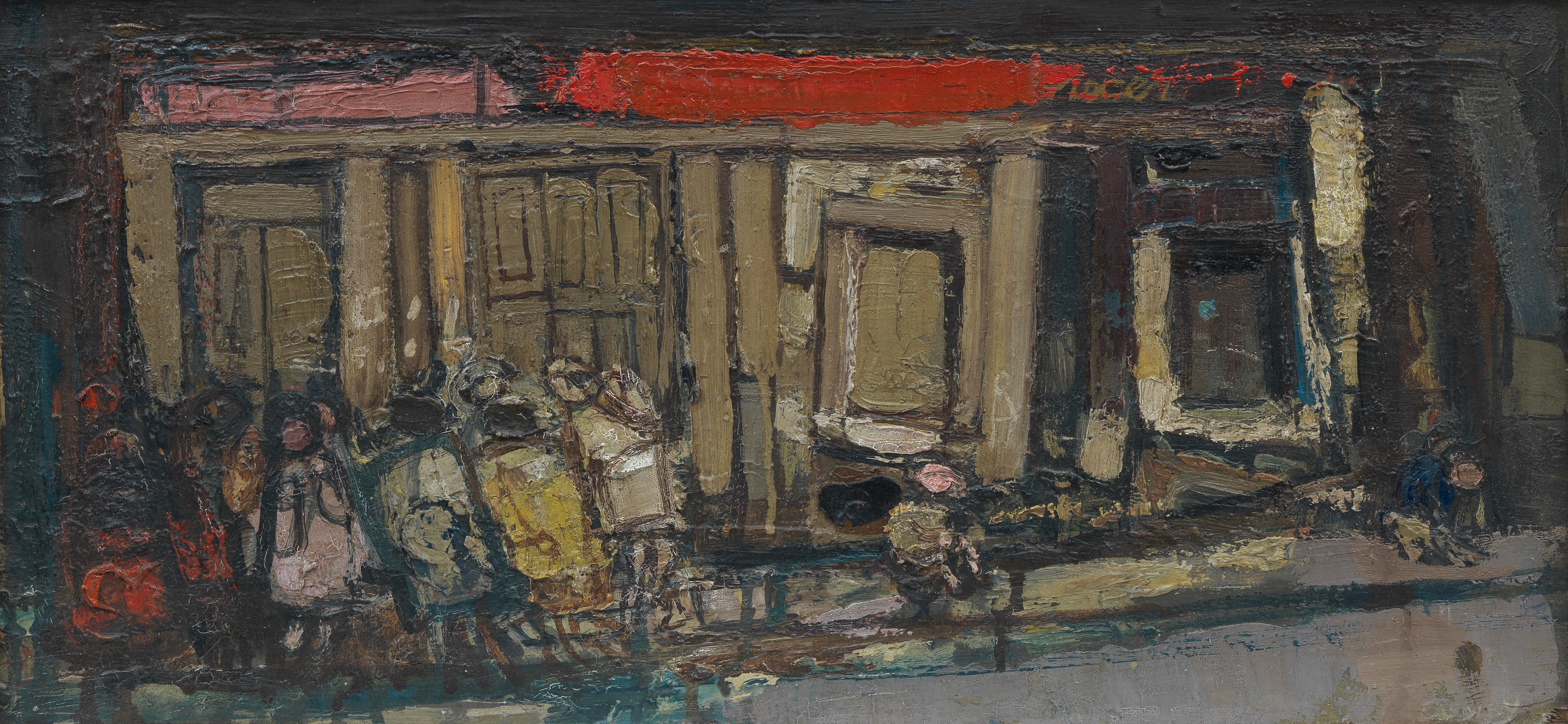 Artwork by Joan Kathleen Hardy Eardley, Children Playing and Boarded-up Shop, Made of oil on board